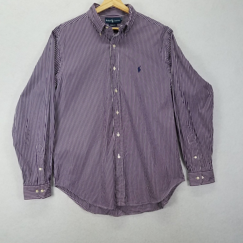 Vtg Ralph Lauren Classic Fit Shirt 16.5 34/35 White Purple Stripes Long Sleeve